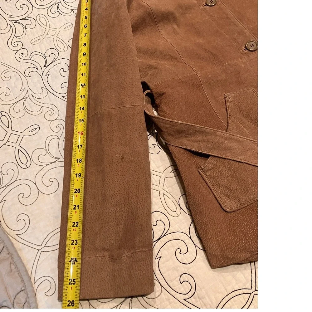 Rouge Leather Womens XL Cognac Brown Suede Belted Safari Jacket Button Front - Picture 13 of 13